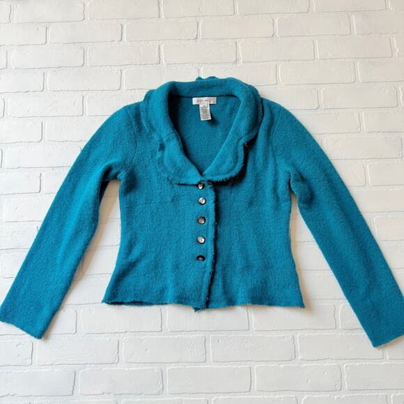 Nine West Women's Turquoise Blue Wool Blend Scalloped Collar Cardigan sz M - Picture 3 of 7